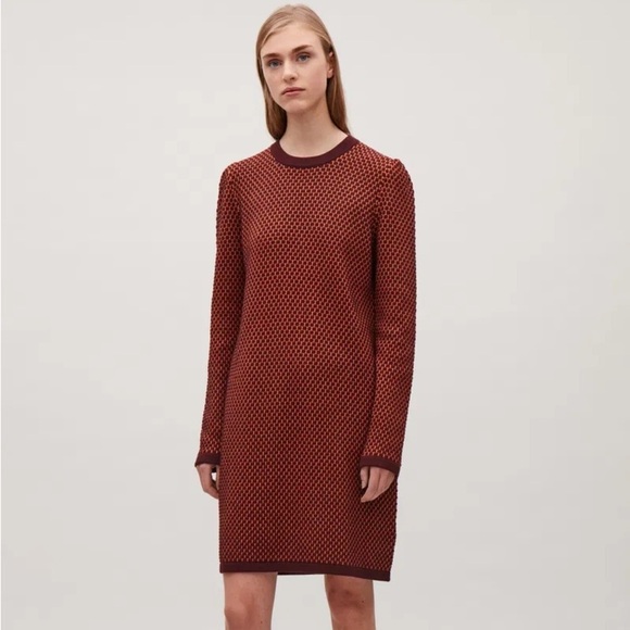 COS Dresses & Skirts - COS burgundy & orange jacquard knit sweater dress - size Medium (M)